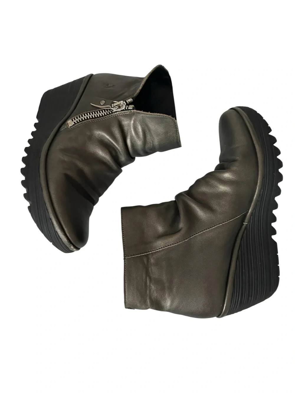 Fly London Yoxi Metallic Pewter Gold Wedge Ankle Boots EU 42